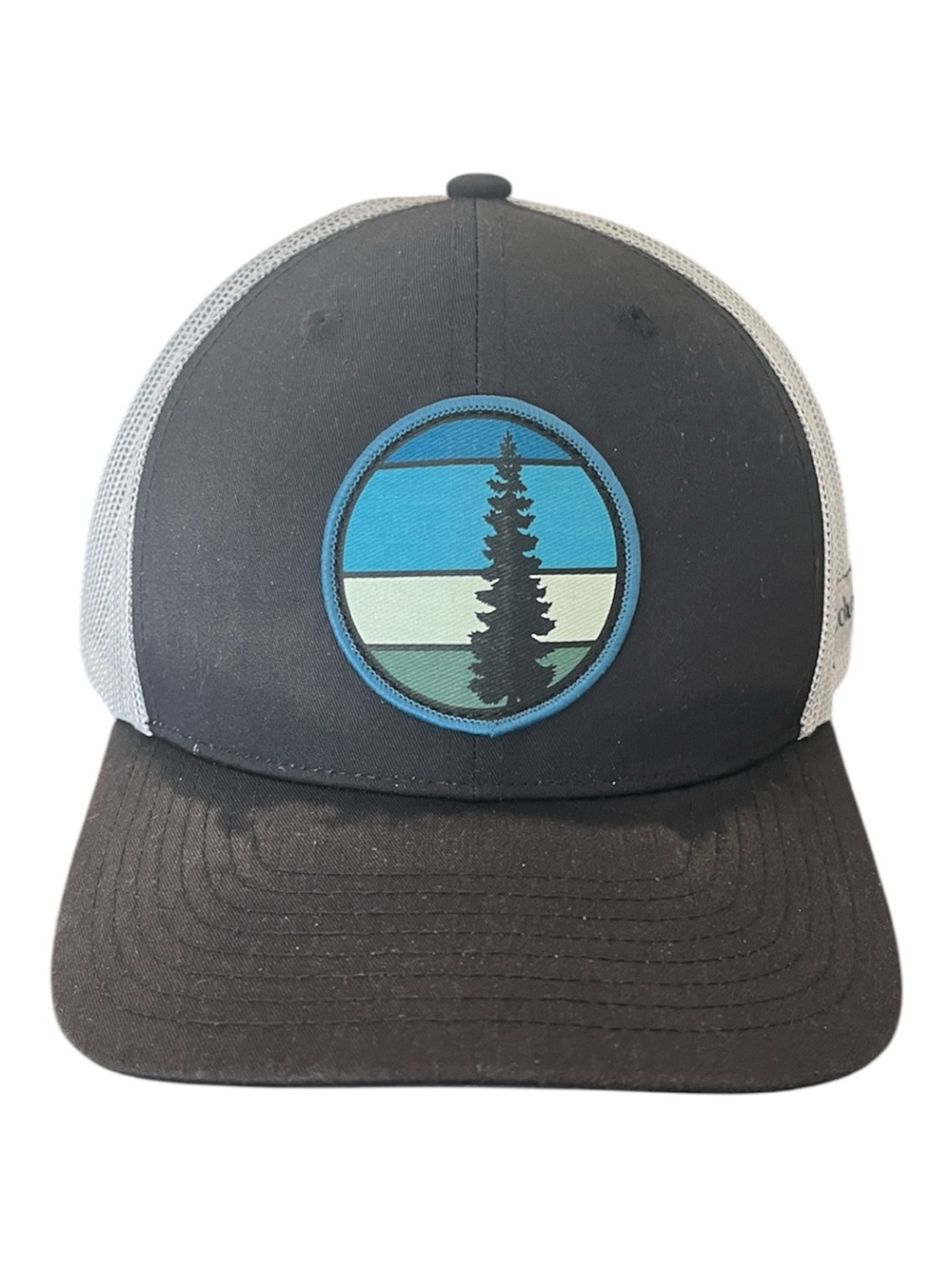 Black and Gray Trucker Hat with Blue Tree Patch OS